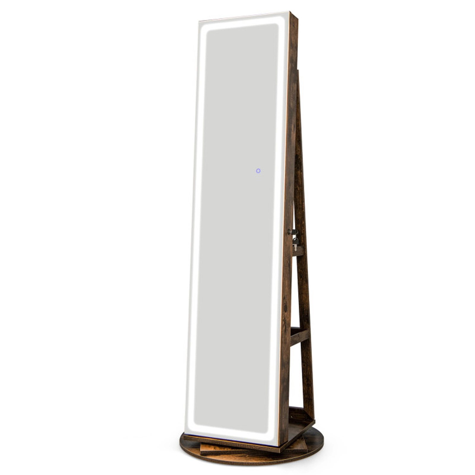 SUGIFT Standing Jewelry Cabinet Armoire LED Full-Length Mirror Makeup Mirror Rotating Base 21.5 x 21.5 x 63-in Coffee
