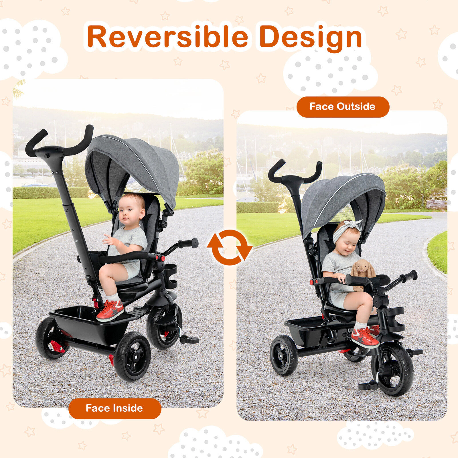 SUGIFT Toddler Gray 4-in-1 Baby Tricycle with Reversible Seat and Push Handle 38-in W 42-in H 55-lb Seat Capacity