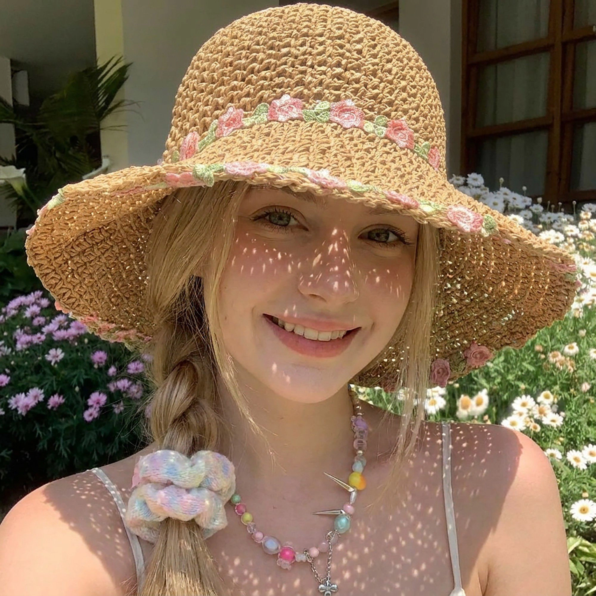 Anna-Kaci Women's Crochet Bucket Sun Hat with Floral Embroidery and Wavy Brim Design