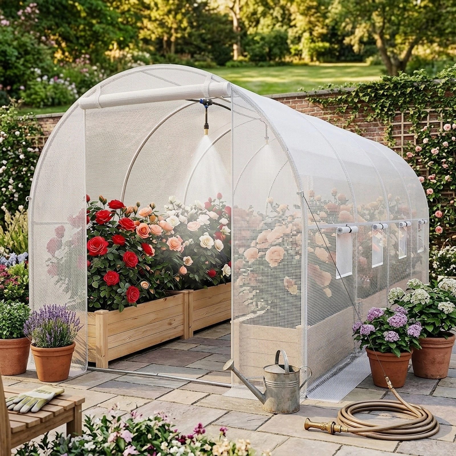 SUGIFT 15-ft x 7-ft Walk-in Tunnel Greenhouse with Watering System 49-ft Hose and Galvanized Steel Frame