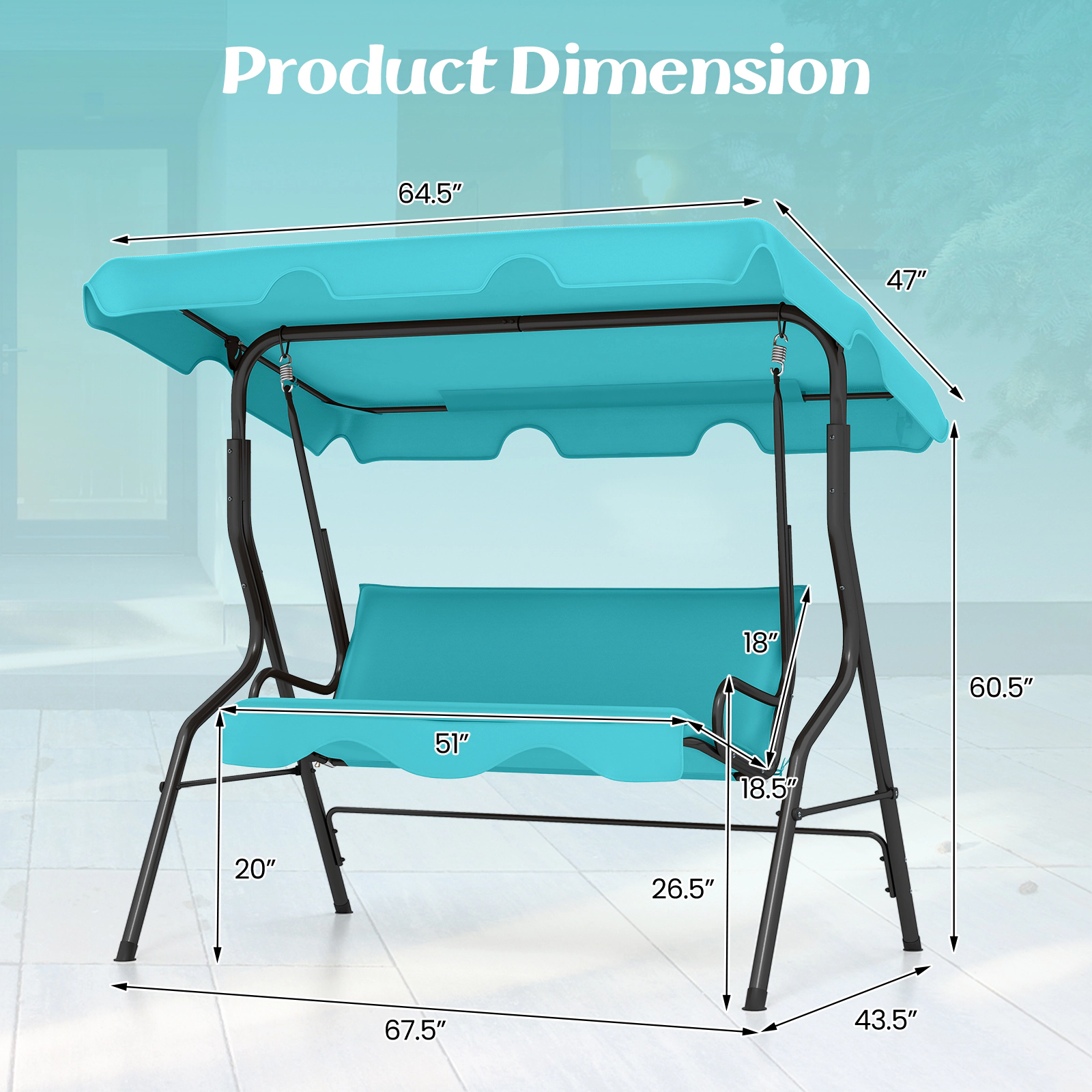 SUGIFT Turquoise 3-Seat Outdoor Canopy Swing, 440-Lb Capacity, Steel Frame