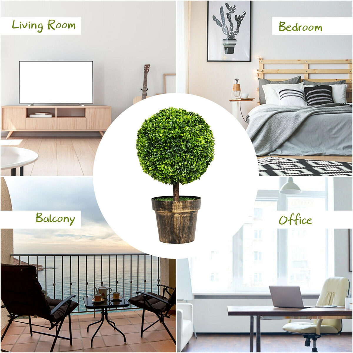 SlickBlue Set of 2 Artificial Boxwood Ball Topiary Tree Potted Faux Plant Tabletop Accent