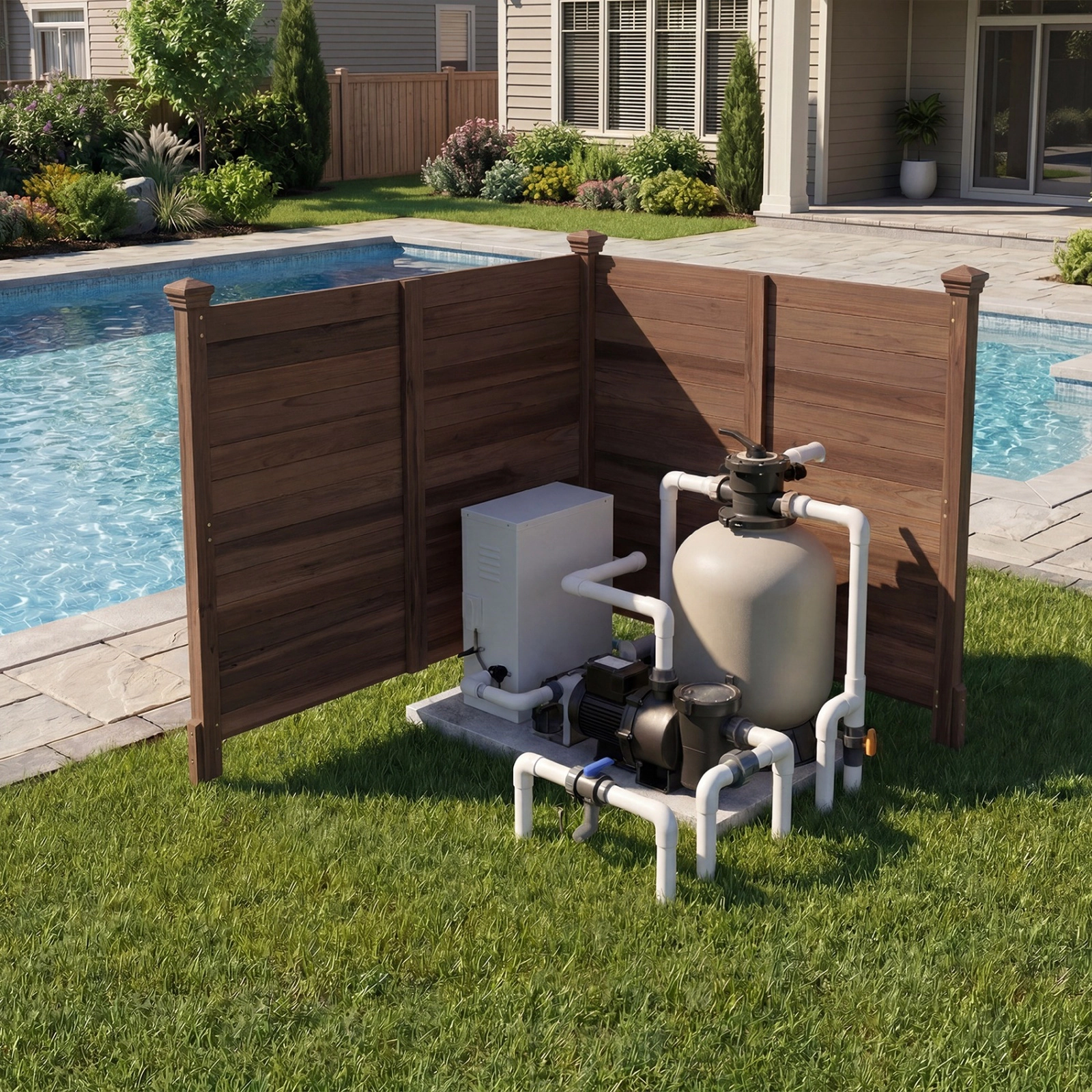 SUGIFT Brown Fir Wood Air Conditioner Privacy Fence with 2 Panels and 3 Ground Stakes 47-in W 47-in D 45.5-in H