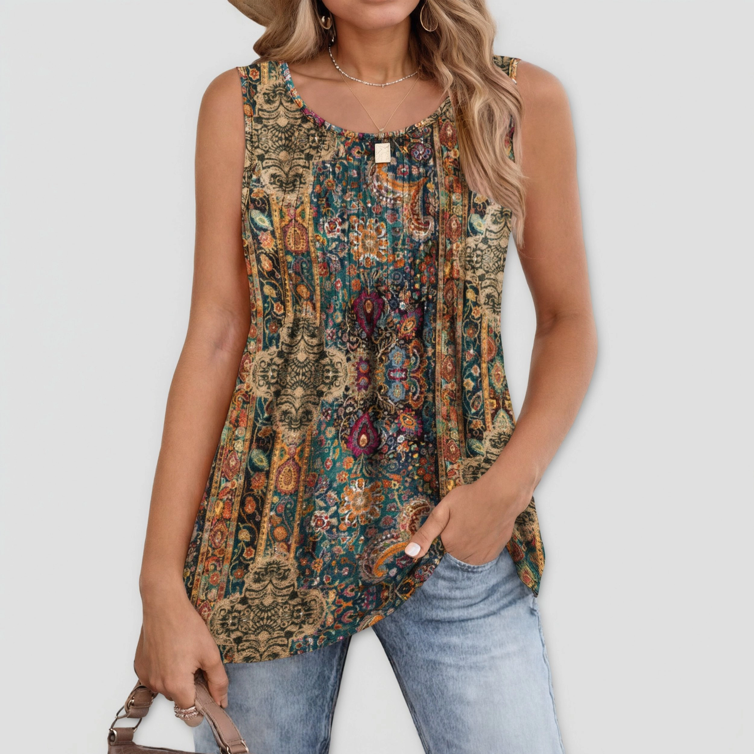 Zeagoo Women's Pleated Crew Neck Floral Sleeveless Loose Tunic Tank Top