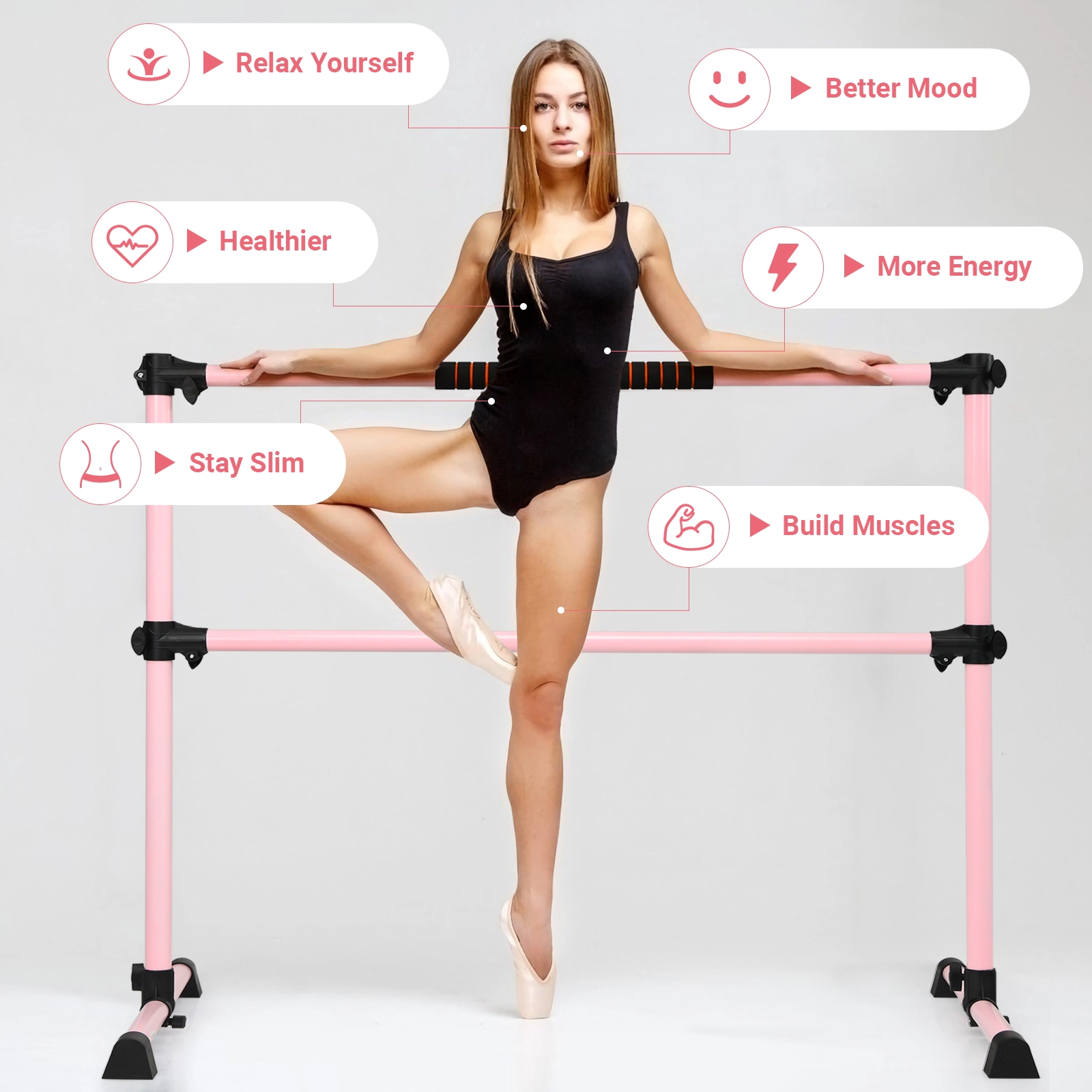 SUGIFT Pink 4-ft Portable Double Ballet Barre with Adjustable Height 49-in W 28-in D 47-in H 220-lb User Capacity