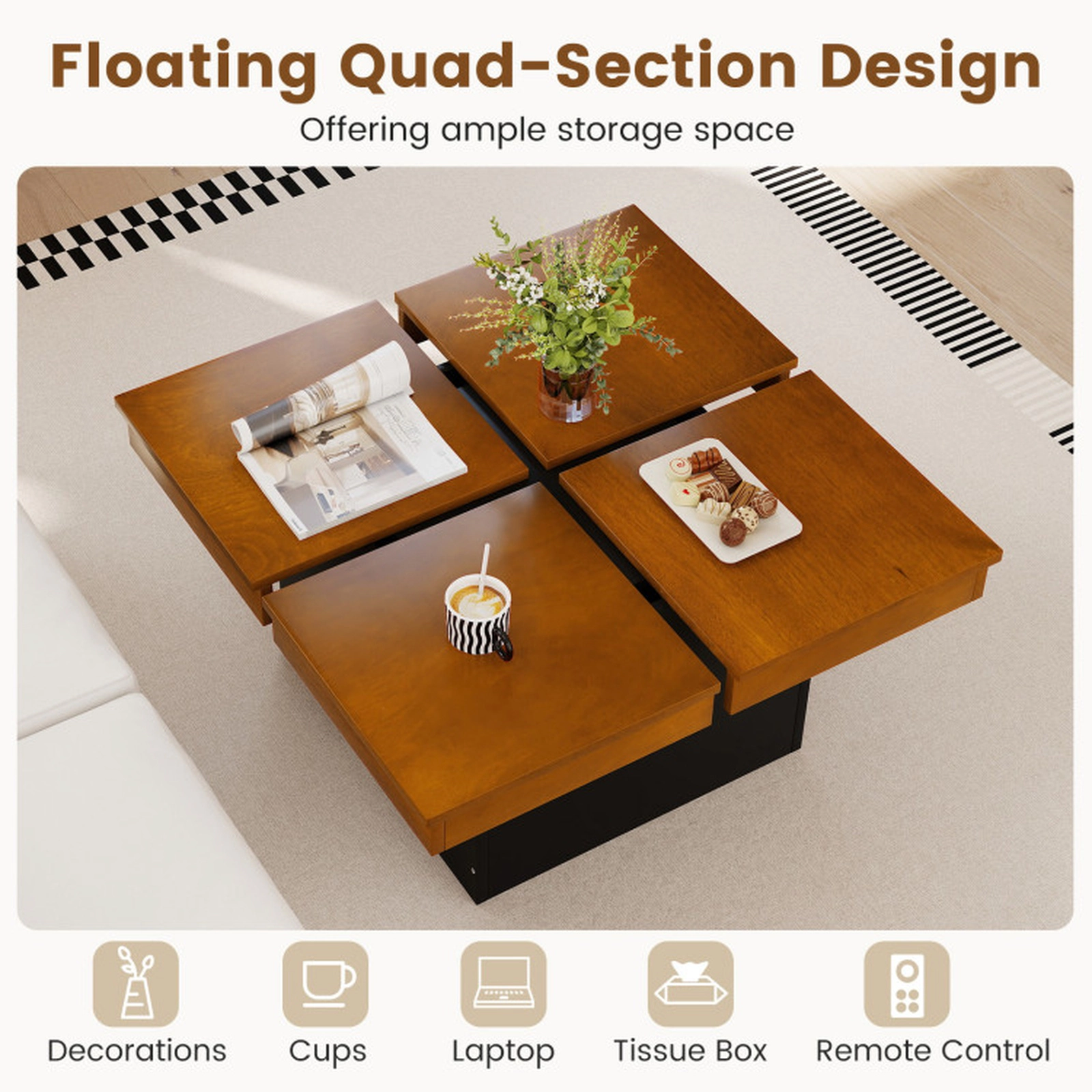 SUGIFT 31.5-in 176-lb Capacity Walnut Square Mid Century Modern Coffee Table with Floating Quad-Section Top