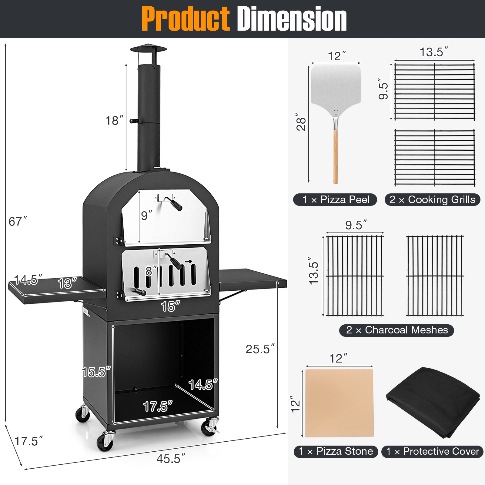 SUGIFT Outdoor Pizza Oven Grill Racks Built-in Thermometer 12 x 12-in Cordierite Stone 750 F Max 67-in Tall Black
