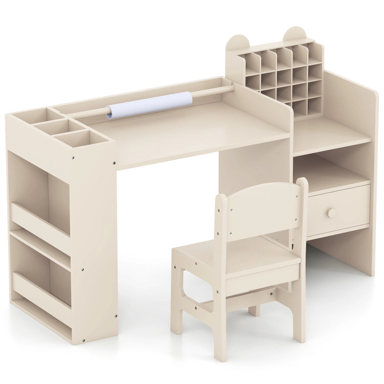 Hivvago Kids Art Table And Chair Set With Detachable Paper Roll Holder Cabinet