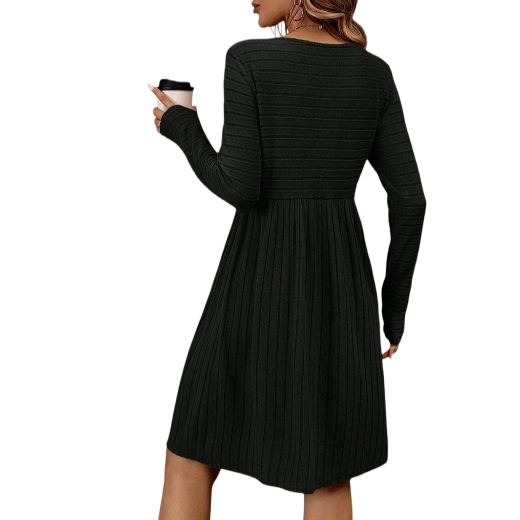 YesFashion Womens Long Sleeve Fall Dresses Ribbed Knit Casual Crew Neck Knee Length Sweater Dress