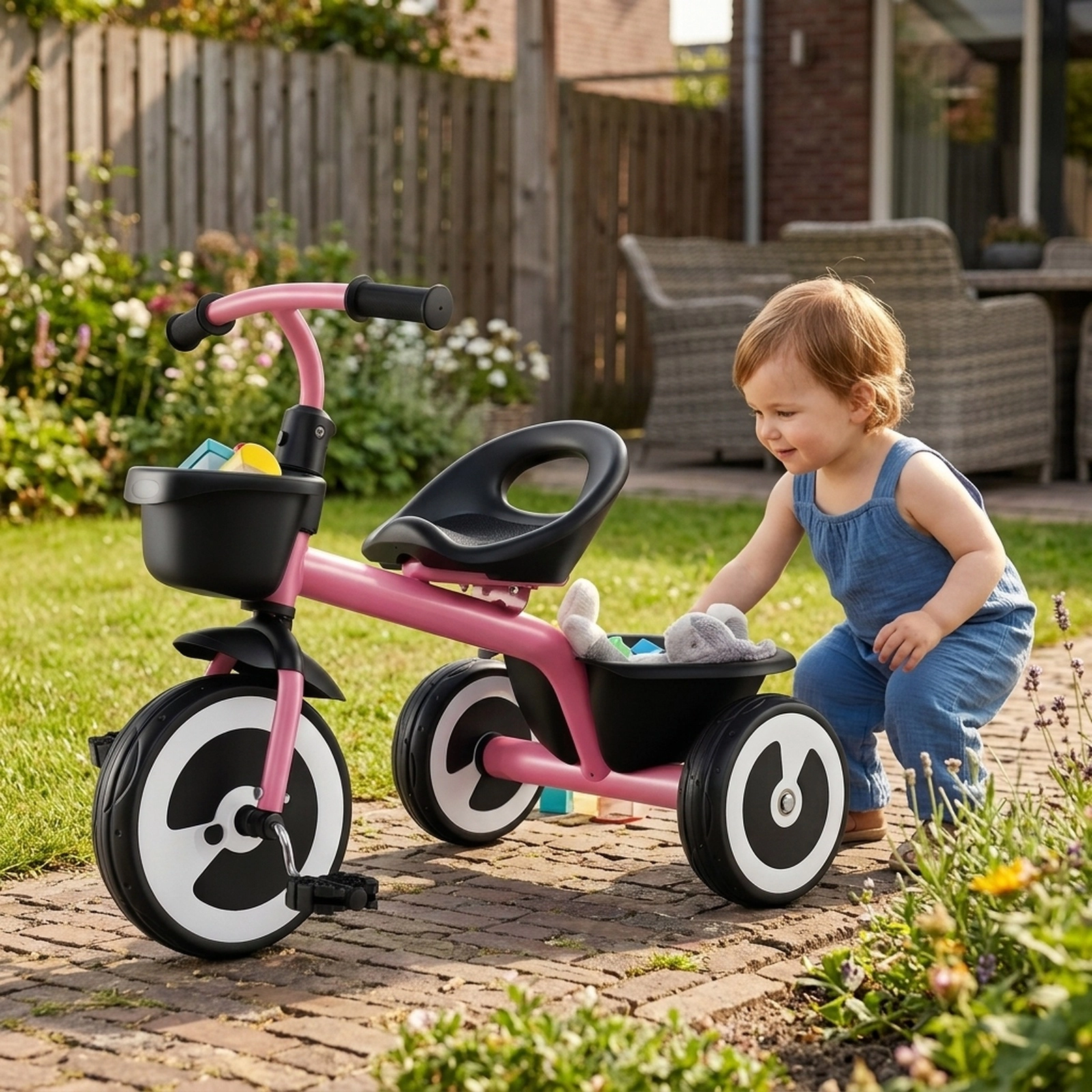Toddler Tricycle Adjustable Seat Front Rear Baskets Silent EVA Wheels and 110-Degree Limited Steering Ages 1.5-5 Pink