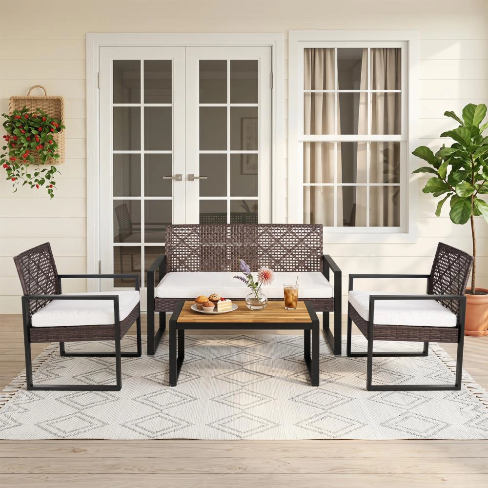 Hivvago 4-Piece Patio Set With Acacia Coffee Table And Wicker Chairs For Backyard