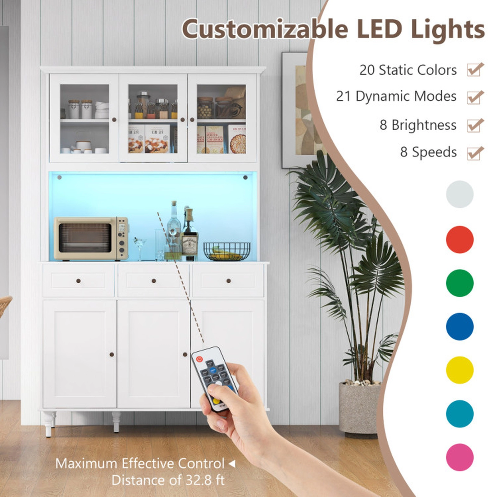 SUGIFT 77-in LED Lights Charging Station 4 Doors 3 Drawers Kitchen Pantry Cabinet 47-in x 18-in 365-lb Capacity White
