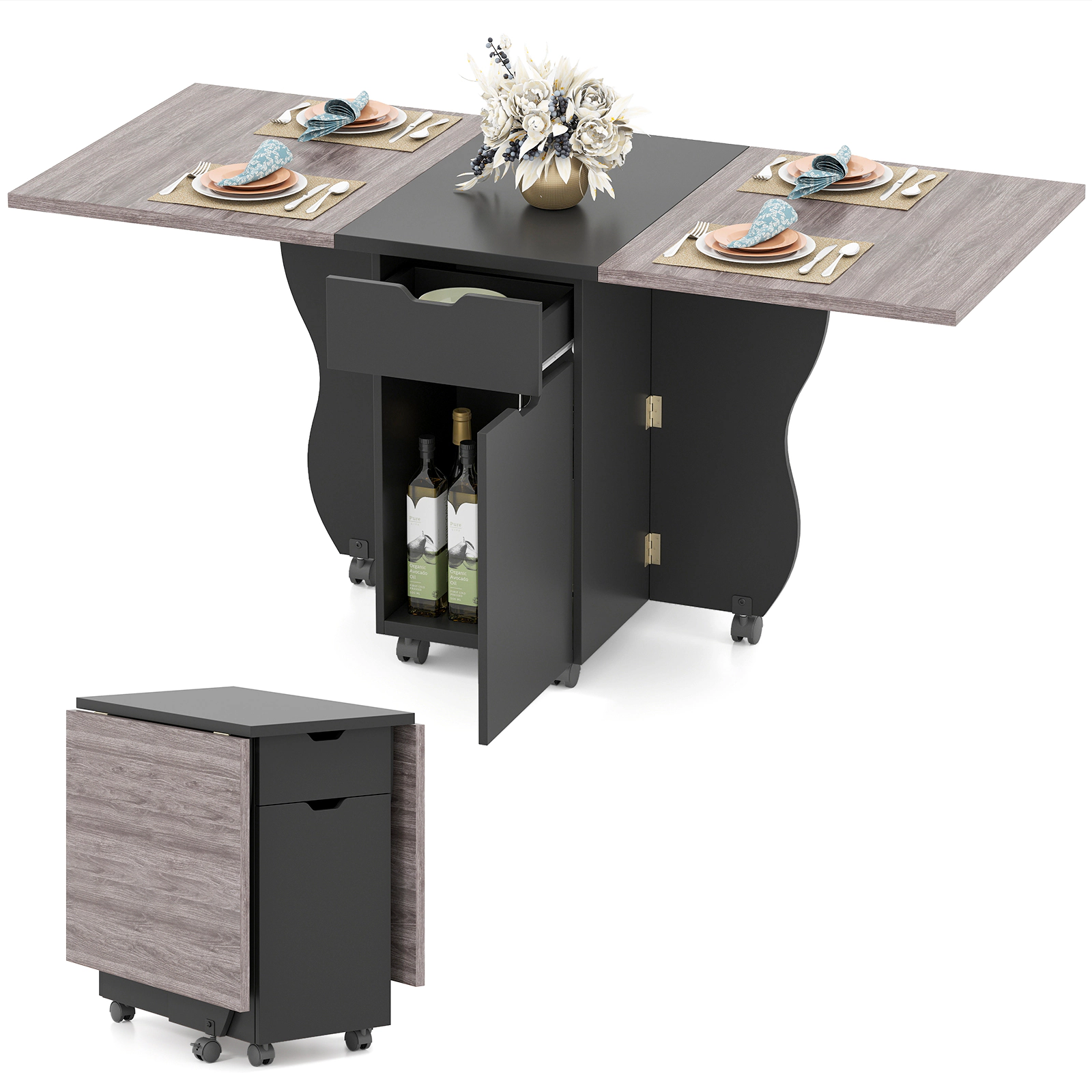 LJG Folding Dining Table 3-in-1 Space-Saving Drop Leaf Kitchen with Lockable Wheels