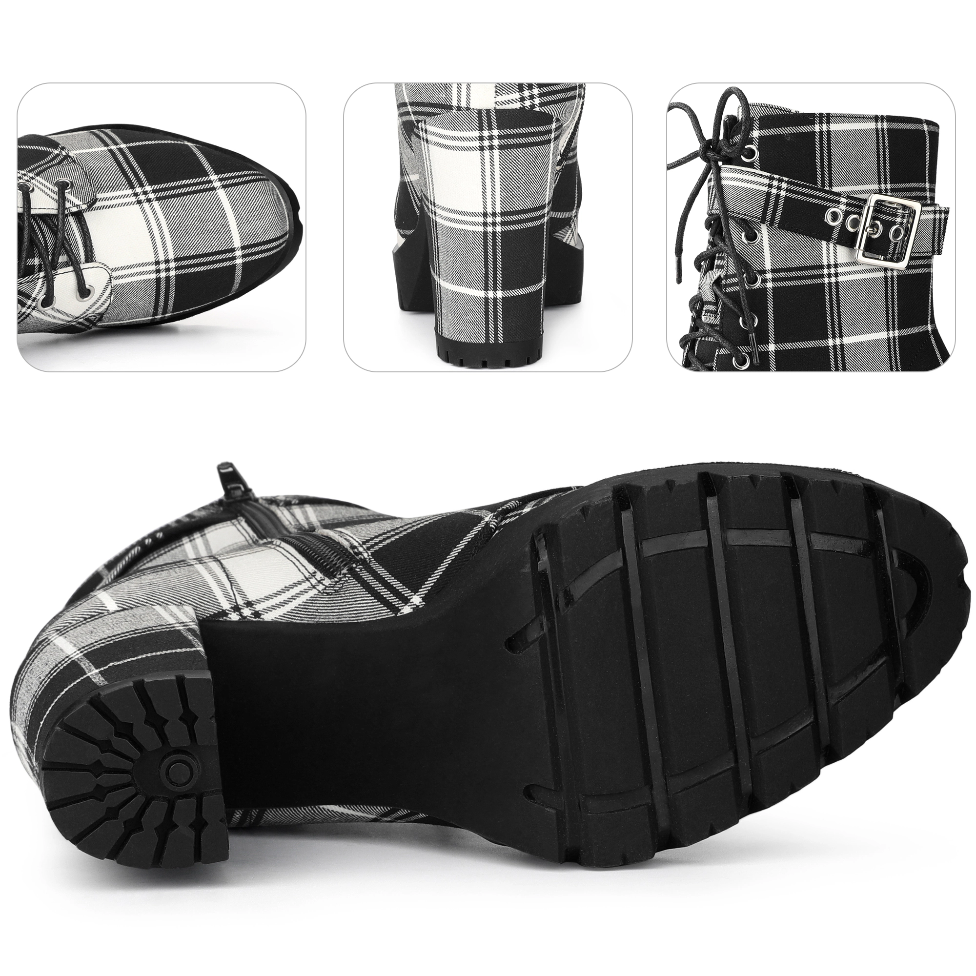 BLISSFUL STEP Women's Platform Lace Up Chunky Heel Plaid Combat Boots