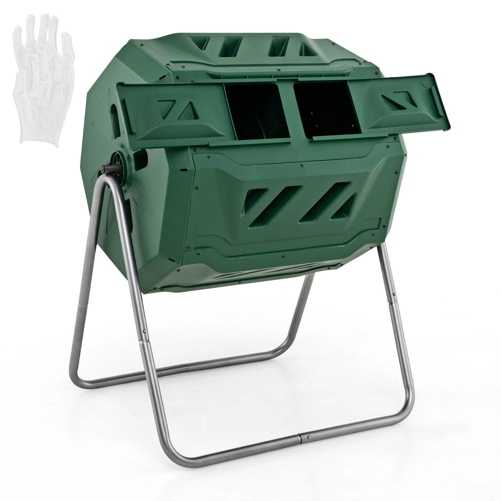 SUGIFT 43-gal Dual Chamber Rotating Compost Bin Barrel with Sliding Doors and Deep Aeration Fins