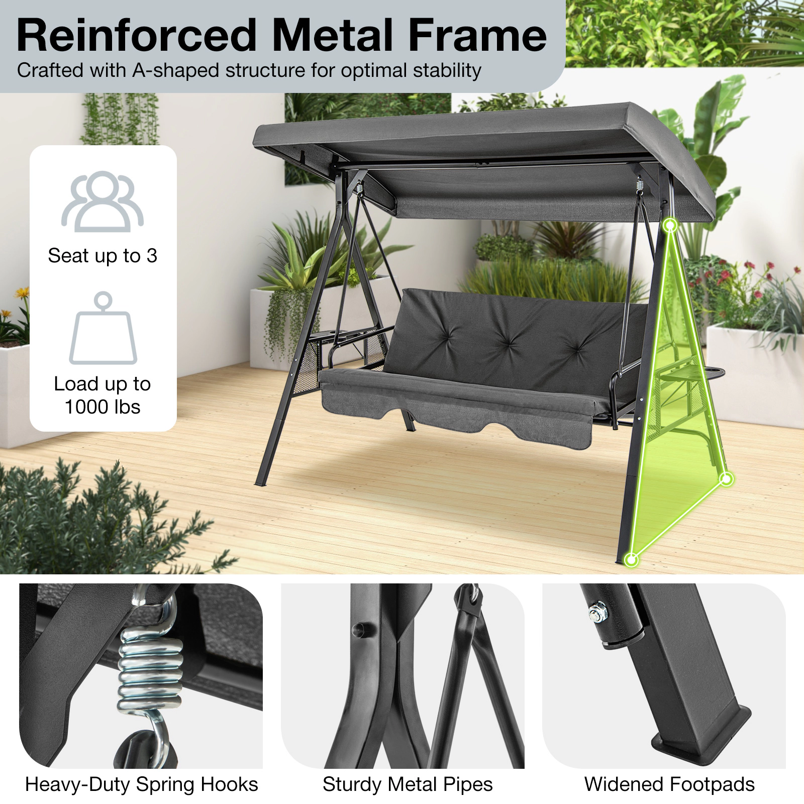 SUGIFT Gray Canopy and Side Table 3-Seat Convertible Porch Swing to Flat Bed