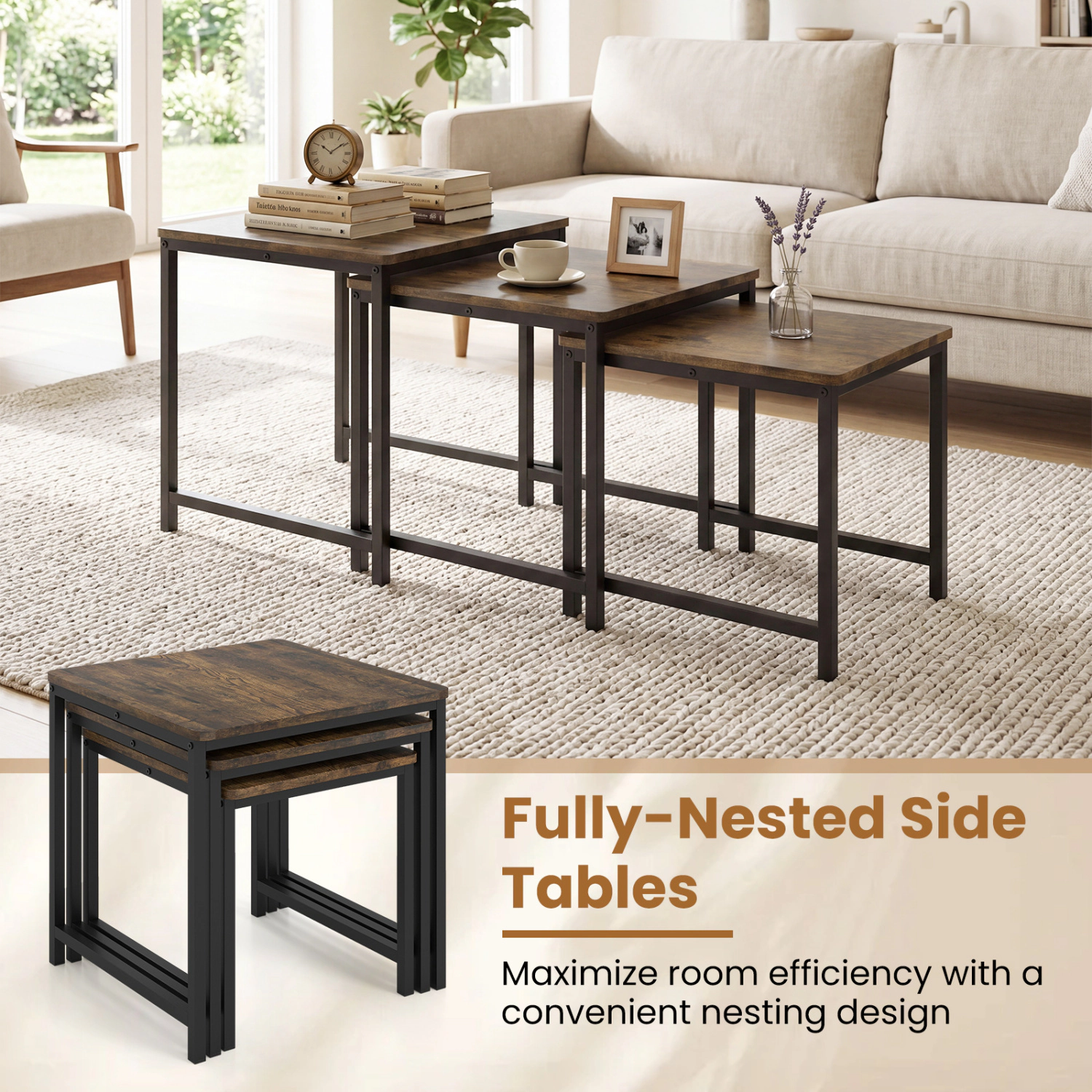 Glintex 3-Piece Faux Marble Nesting Table Set with Reinforced Metal Crossbars