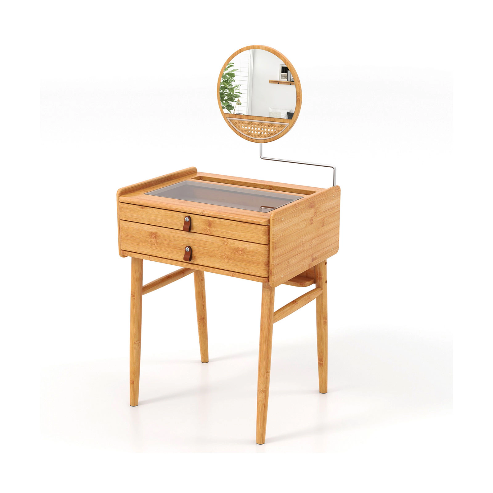 SUGIFT Bamboo Makeup Vanity Table Natural with Movable Mirror and 2 Storage Drawers