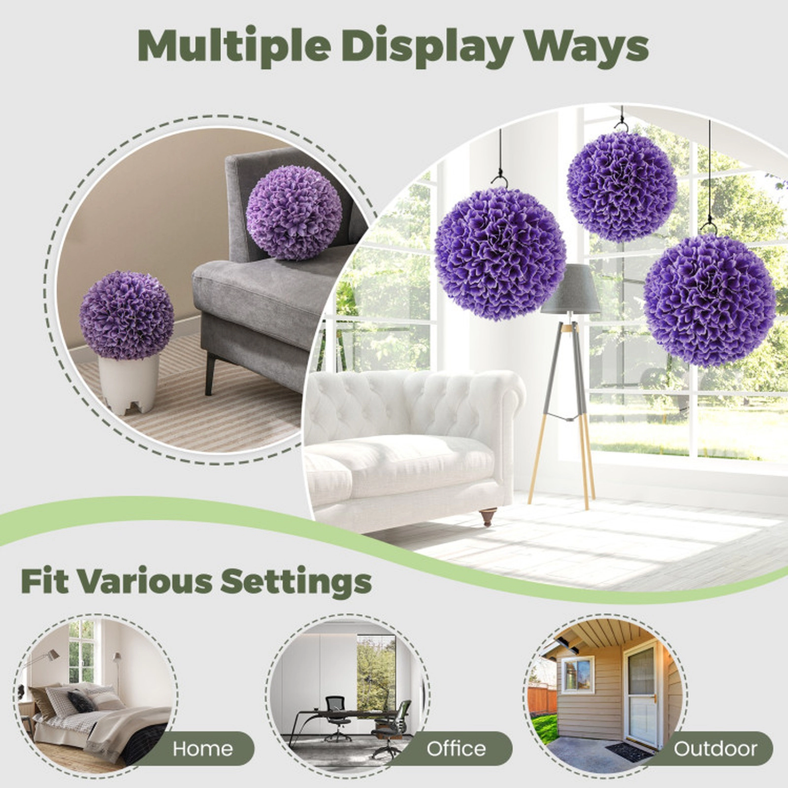 SUGIFT 2-Piece Myrtle Leaf Interlocking Shell Artificial Boxwood Topiary Balls 11-in Outer 7.5-in Inner 2-lb Purple