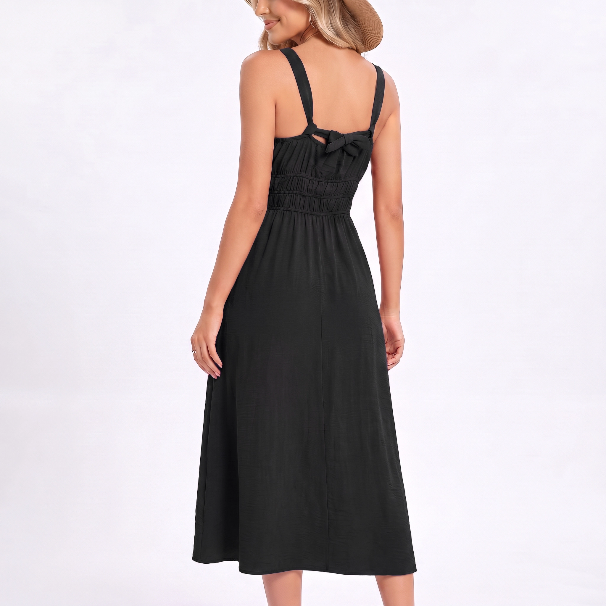 Anna-Kaci Women's Sparkle Spaghetti Strap Smocked Waist Ruffle Hem Midi Slip Dress