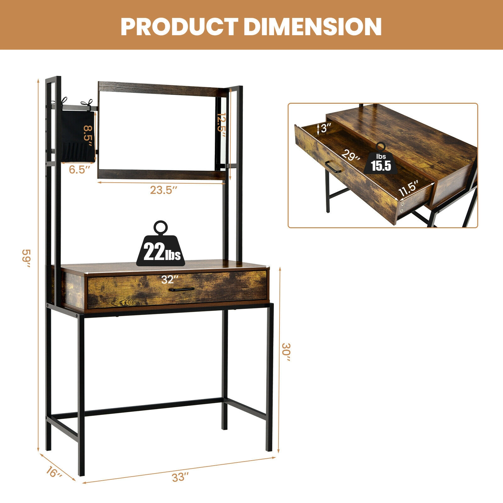 SUGIFT Industrial Vanity Table Brown with 3-Height Adjustable Mirror and Metal Frame