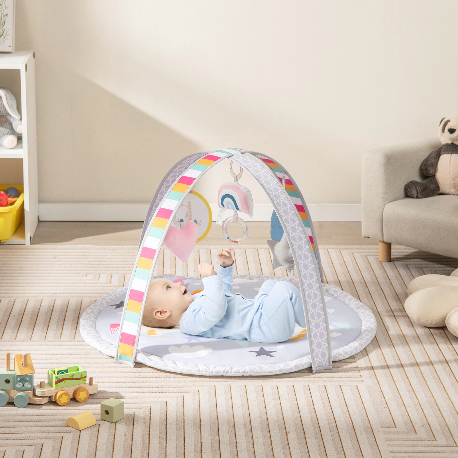 SUGIFT 7-in-1 Baby Play Gym Tummy Time Activity Mat with 5 Detachable Toys Ages 0-12 Months Multicolor