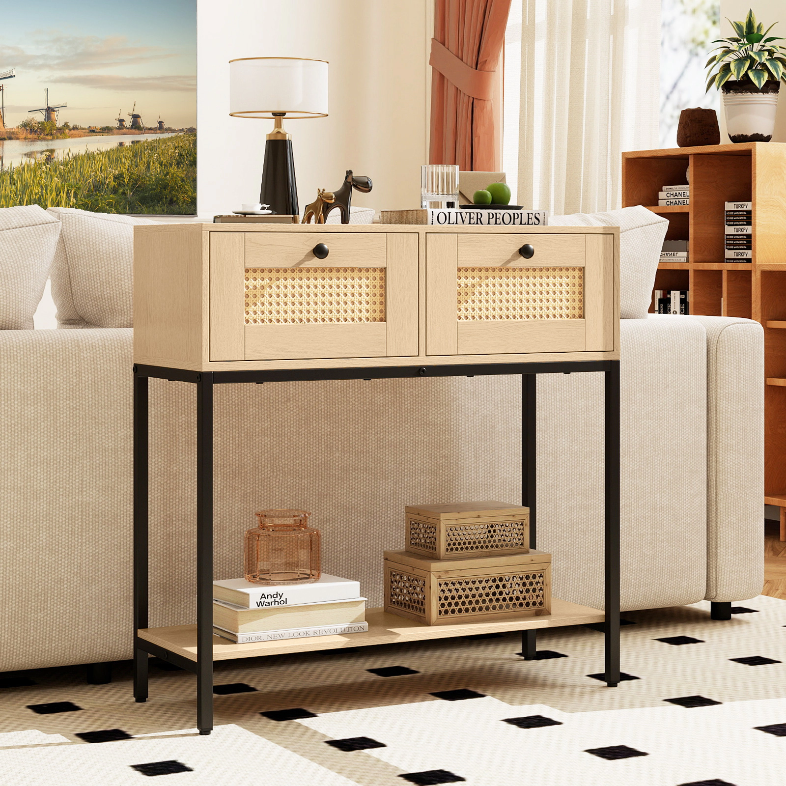 Hivvago Rattan Console Table Boho Entryway Table with 2 Rattan Drawers and Open Storage Shelf