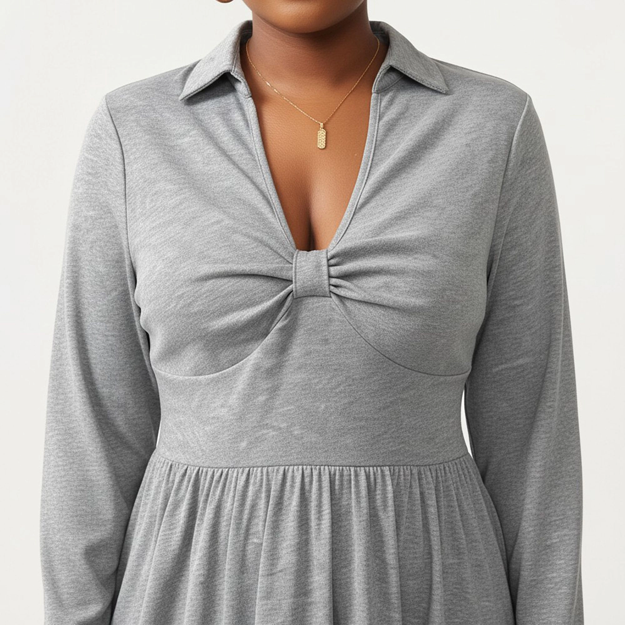 Anna-Kaci Women's Plus Long Sleeve Collared Neck Twist Front Detail Flowy Skirt Knit Dress