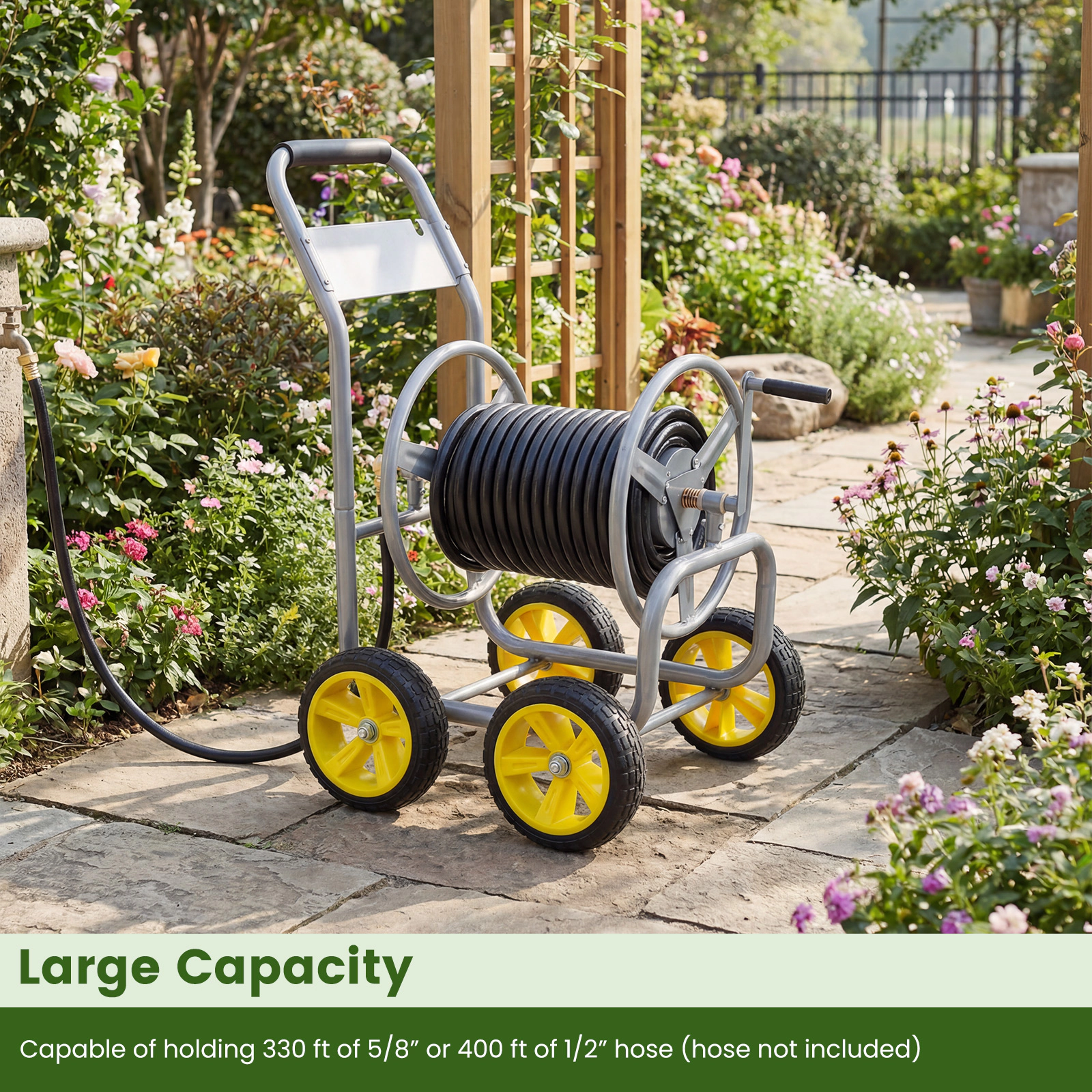 SUGIFT Garden Hose Reel Cart Silver 330 Feet Heavy-Duty Metal Cart with 4 Wheels