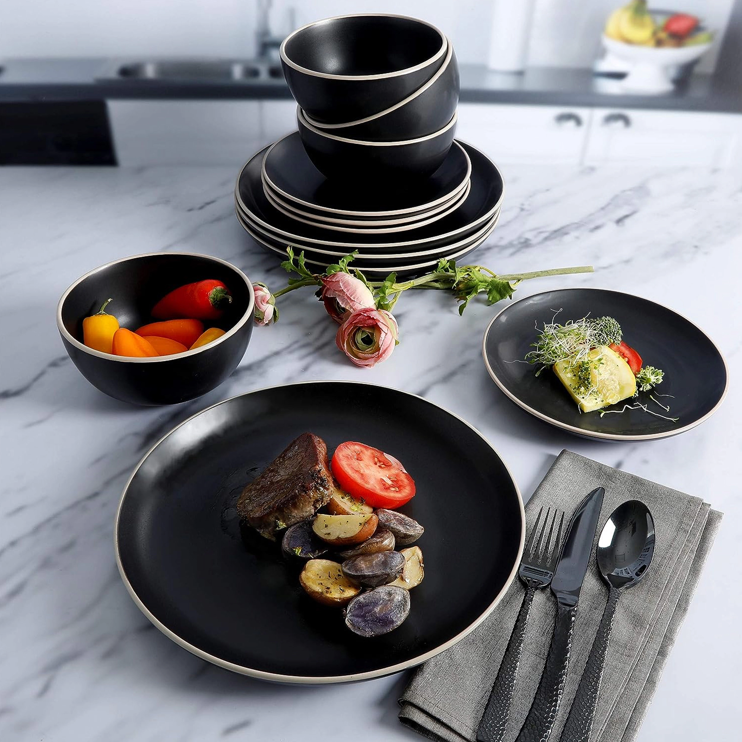 Gibson Home Rockaway 12 Piece Stoneware Dinnerware Set Black