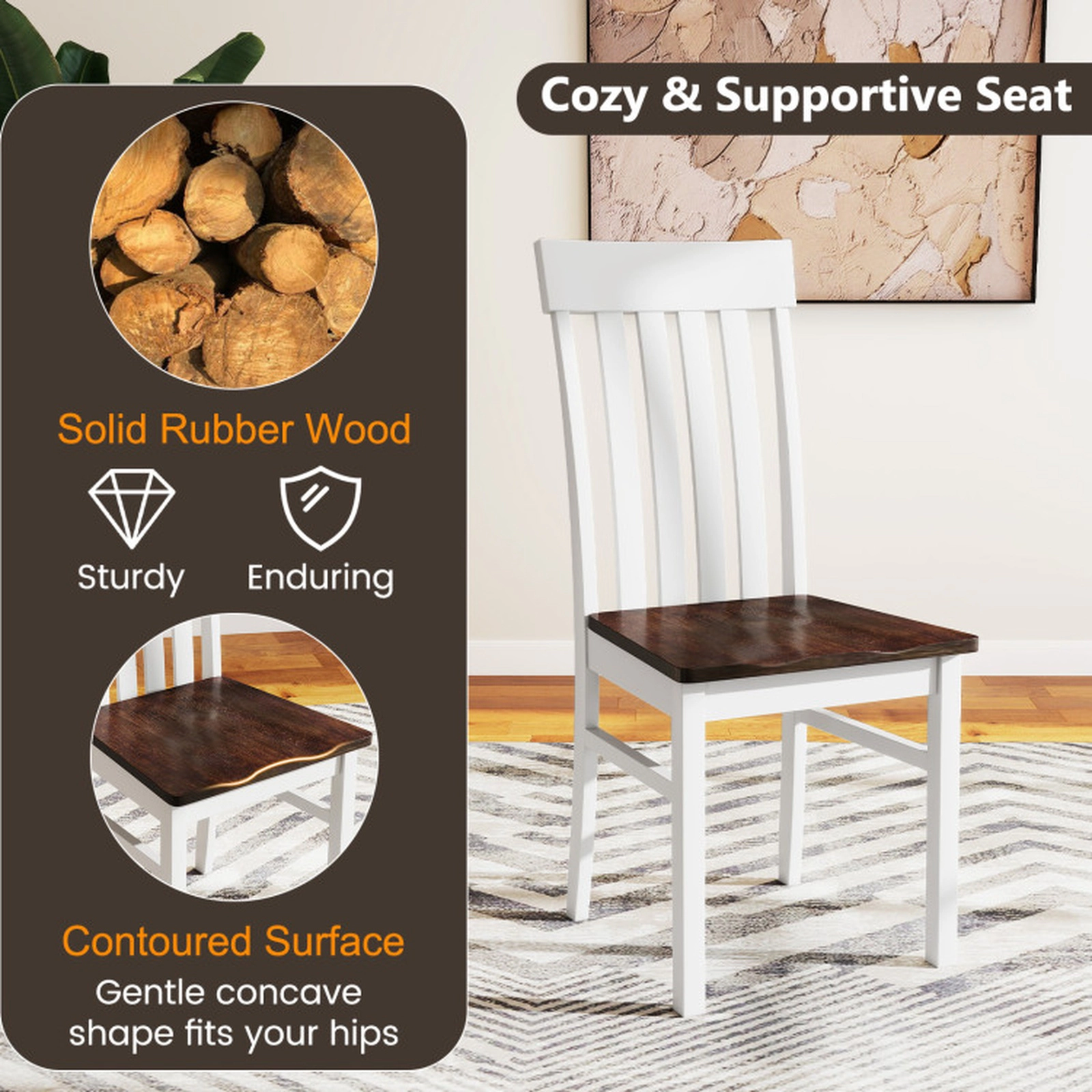 SUGIFT Set of 2 Slatted High-Back Armless Wood Dining Chairs, White and Walnut