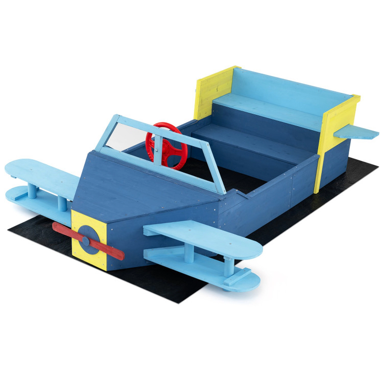 SUGIFT Large Wooden Kids Sandbox with Bottom Liner and Bench Seat 110-lb Bench Capacity Ages 18+ Months Blue