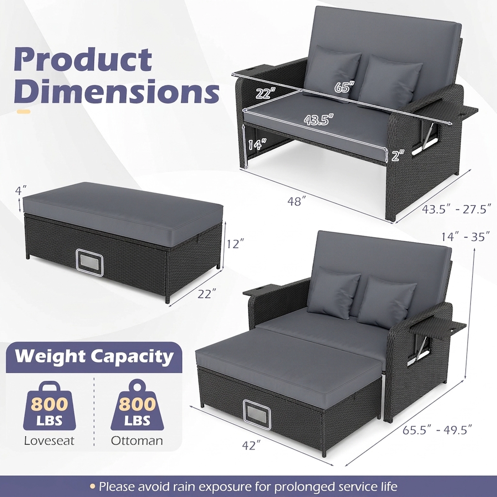 SUGIFT Black Wicker Outdoor Patio Daybed Loveseat, 4-Level Adjustable Backrest, 2 Side Tables
