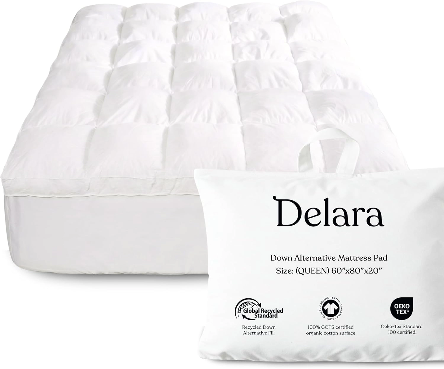 Delara Extra Plush Down Alternative Fill Mattress Pad, GOTS Organic Cotton, 1350 GSM Fill, 20 Inches Deep Pocket