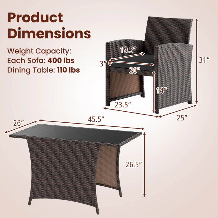 Hivvago 3 Piece Patio Wicker Dining Set With Rectangle Tempered Glass Dining Table-Brown