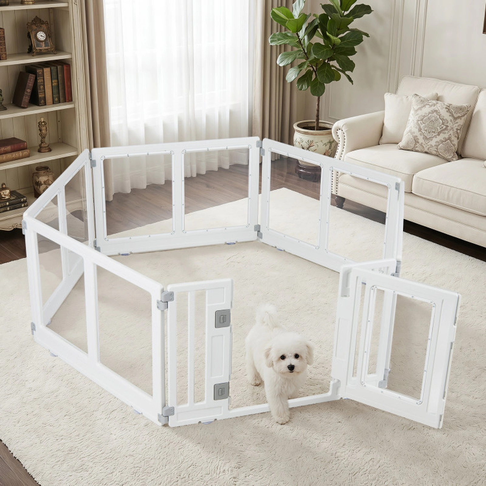 SUGIFT Clear 6-Panel Plastic Dog Playpen with Secure Locking Door Transparent Panels and 6 Ground Stakes