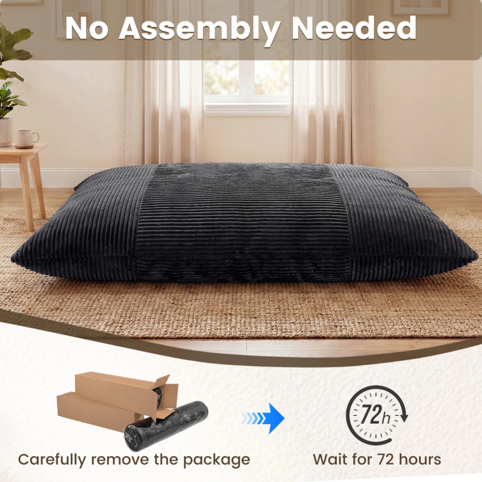 SUGIFT Convertible Dark Gray Corduroy Bean Bag Sofa Bed, 76.5 in
