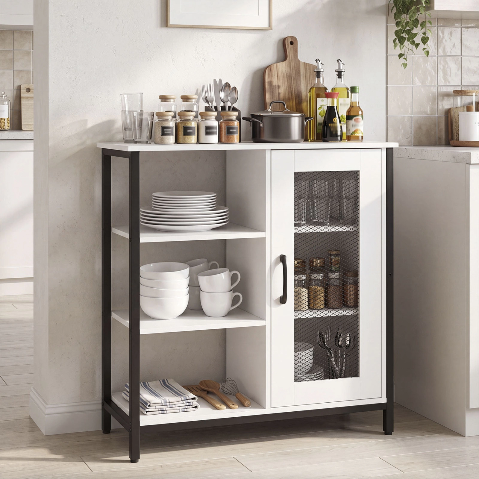 SUGIFT 27.5-in Industrial Sideboard Buffet Cabinet with Mesh Door, 3 Open Shelves, and Adjustable Storage