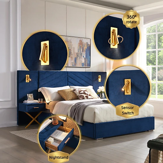 Flynama King Velvet Bed, Channel Tufted Wingback Headboard, Platform with Wooden Slats