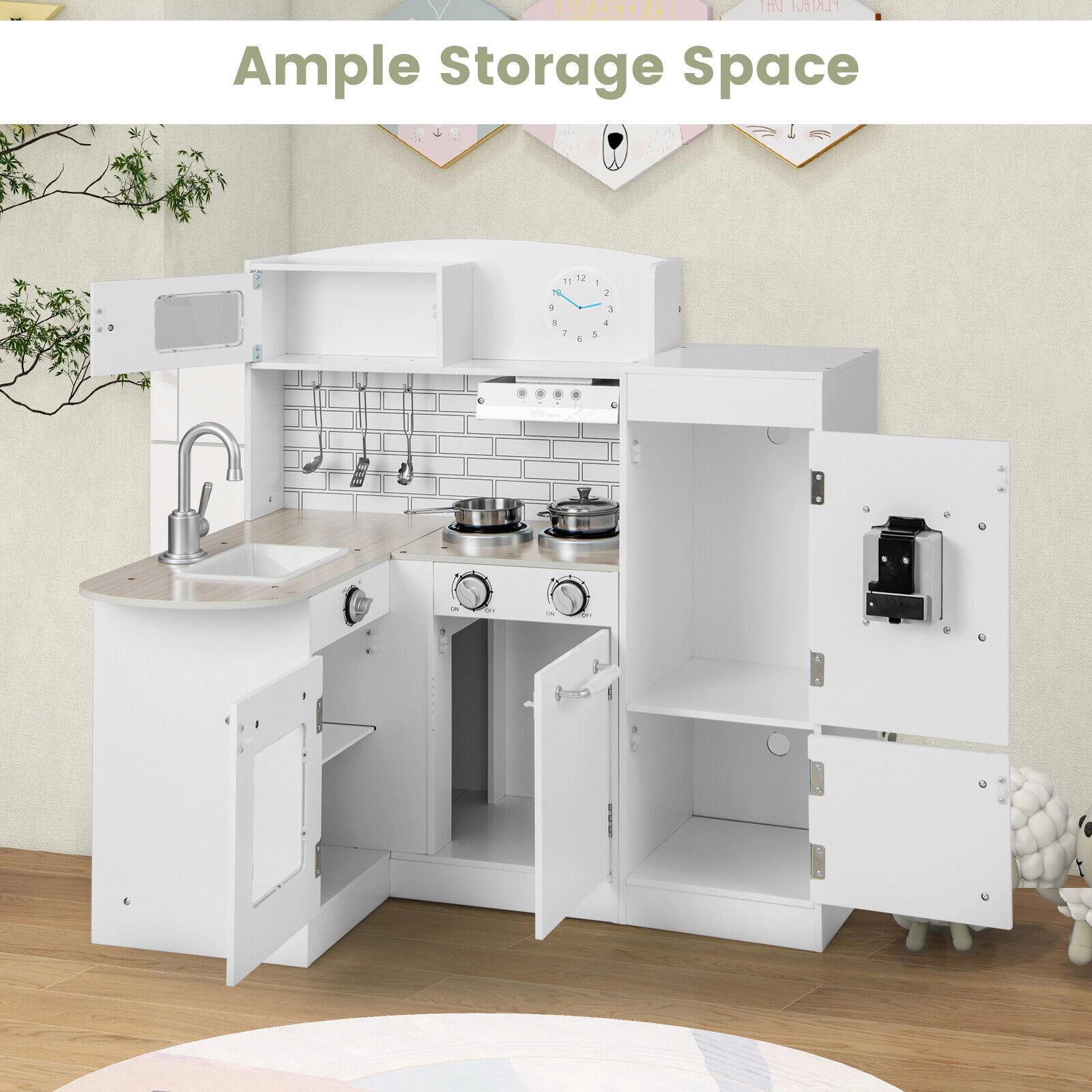 SUGIFT White Microwave Oven Stove and Side Refrigerator Kids Corner Kitchen Playset