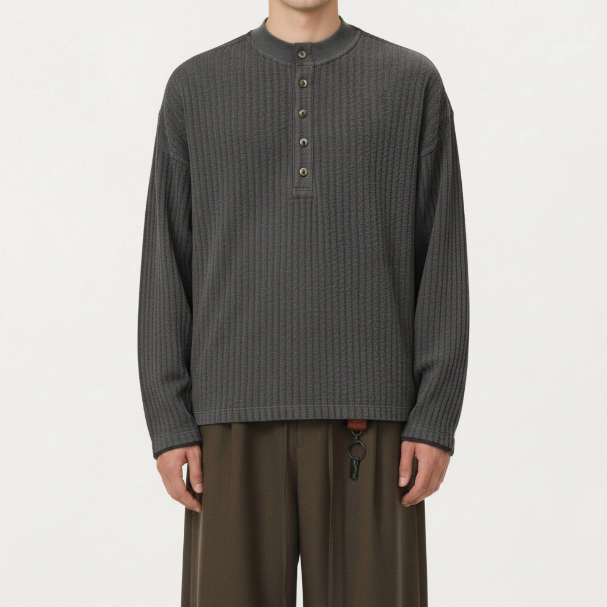 Anna-Kaci Men's Long Sleeve Ribbed Knit Henley Pullover with Button Placket and Relaxed Fit
