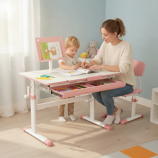 SUGIFT Pink Kids Desk, Height-Adjustable 20 to 28.8 in, 7-Level Tilt Top, Book Stand and Drawer