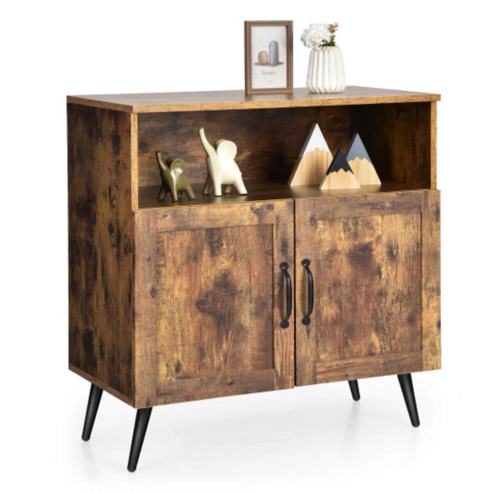 Hivvago Mid-Century Wooden Storage Cabinet Wine Glass Holders-Rustic Brown