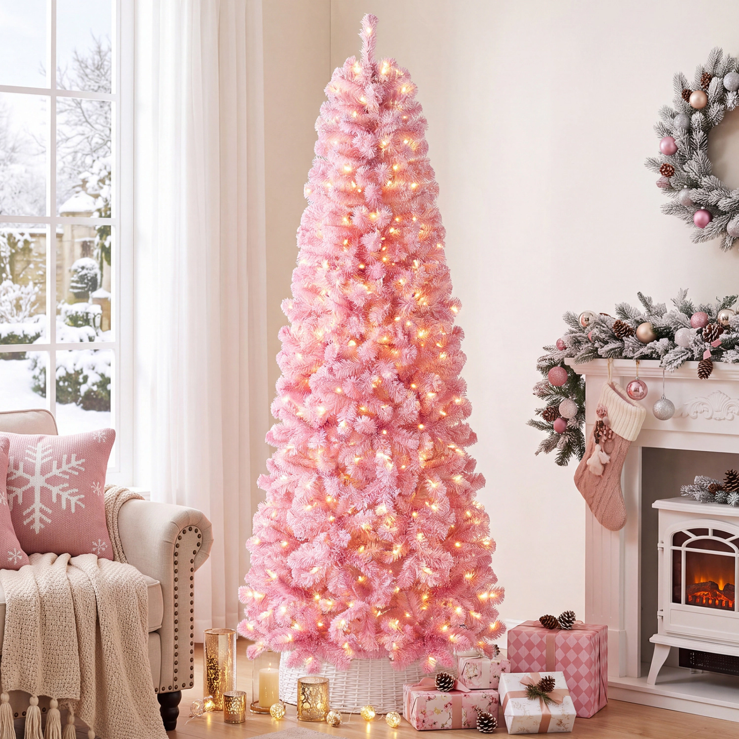 LJG 5/6/7 Feet Flocked Fir Christmas Tree with Warm White LED Lights