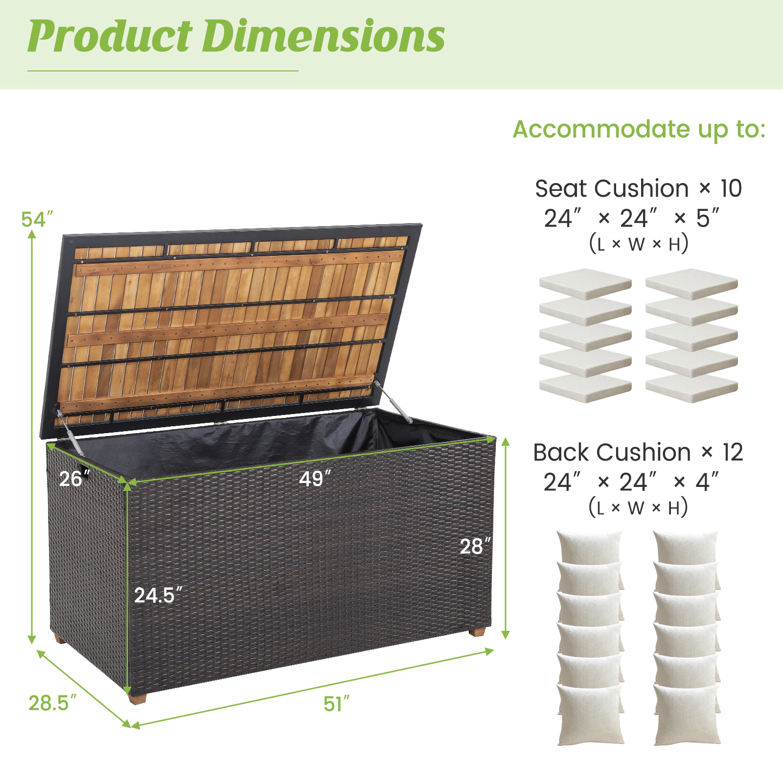 SUGIFT 134-Gallon Zippered Liner Acacia Wood Top PE Rattan Patio Storage Box 51-in x 28.5-in x 28-in 165-lb Top Brown