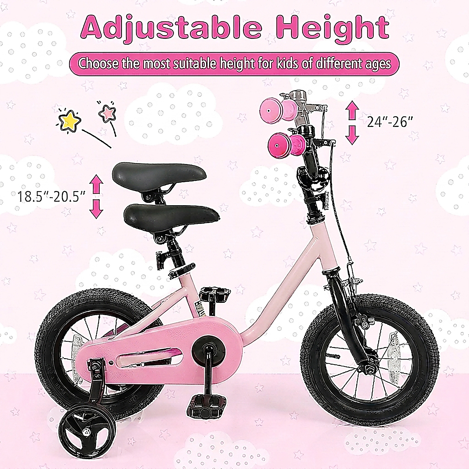 SUGIFT Adjustable Kids Bicycle with Training Wheels 110-lb Seat Capacity Ages 3-4 Years 35-in Frame Pink 12-Inch Wheel