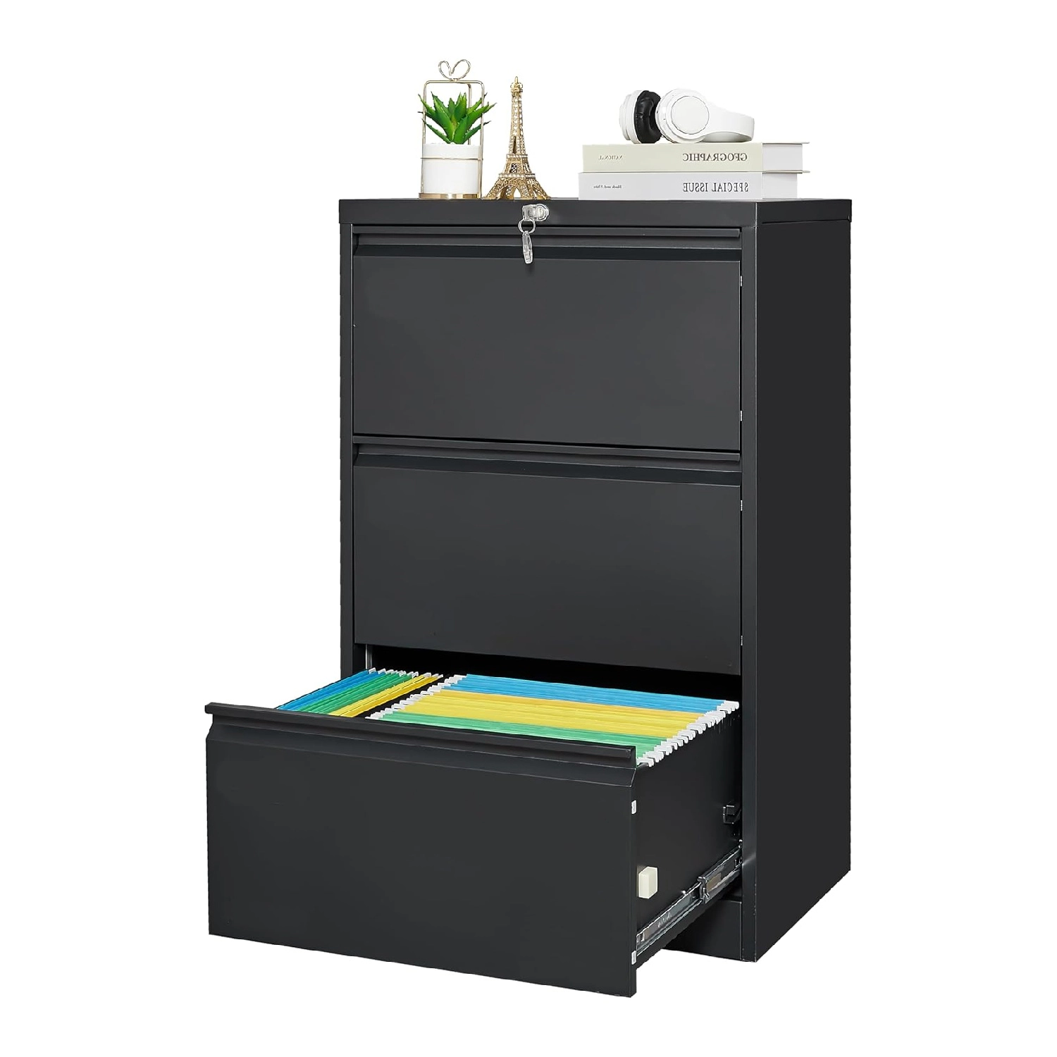 BebreezChic 3 Drawer File Cabinet w/ Lock, Metal Lateral Filing Cabinet, A4/F4/Legal, Black