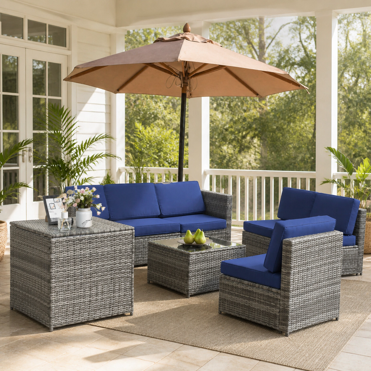 SUGIFT 8-Piece Navy Wicker Patio Sectional Set with Storage Box and Glass Coffee Table