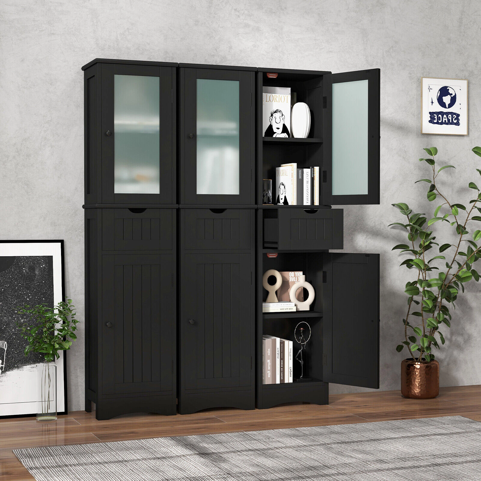 Glintex 67-Inch Slim Storage Cabinet with 2 Glass Doors and 1 Drawer