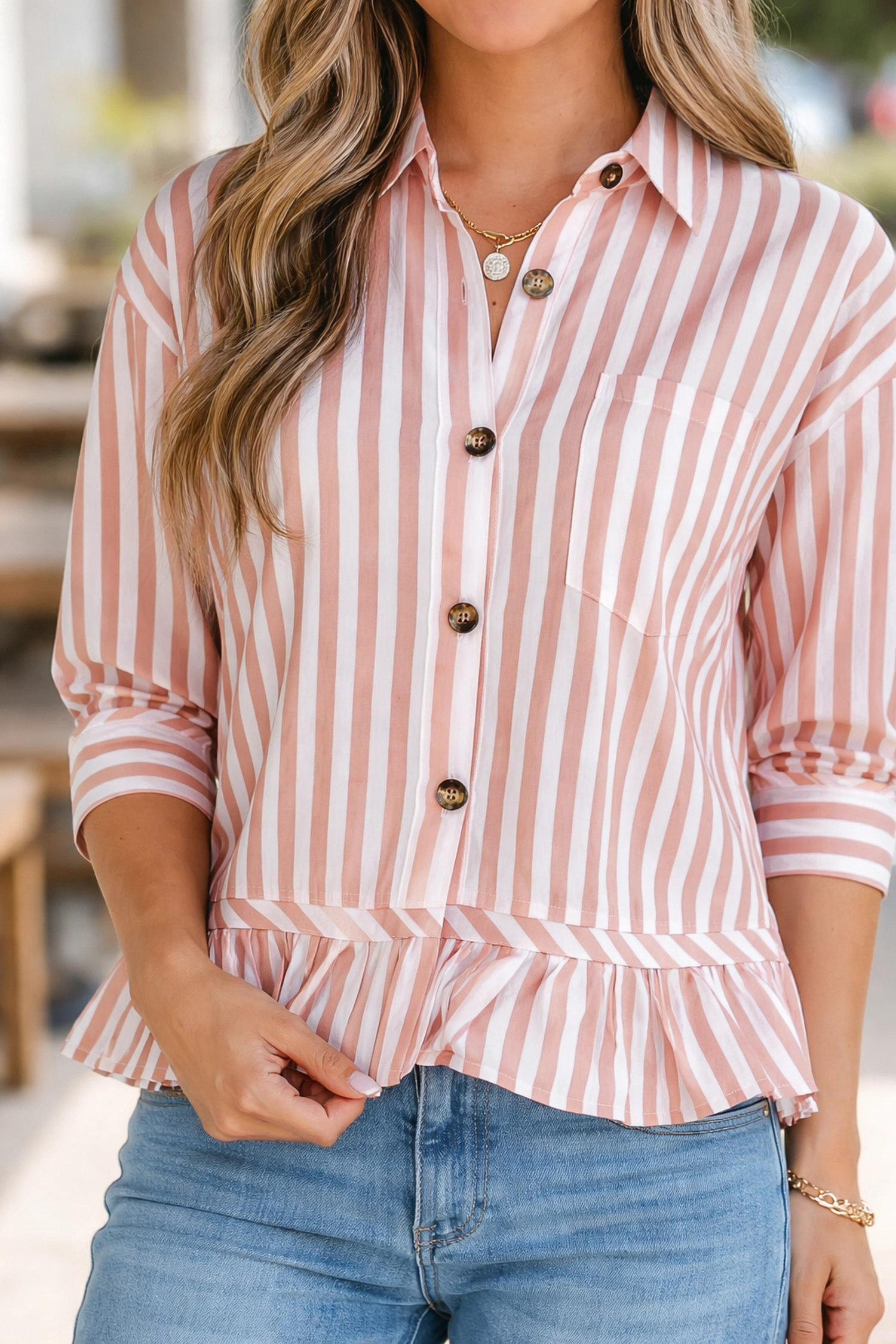 Threaded Pear Tiffany Sleeve Ruffle Hem Shirt